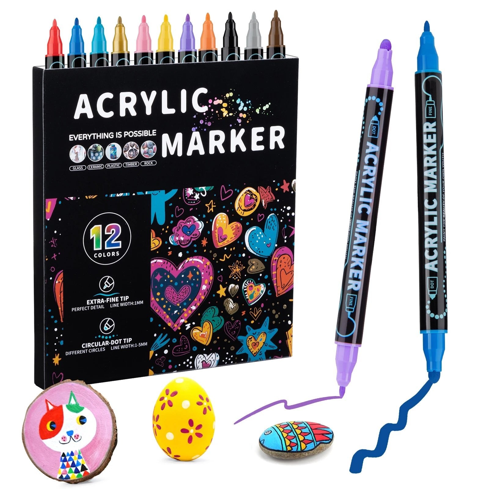 Feutres Peinture Acrylique Double Pointe – 12 à 48 Couleurs - Mains Créatrices