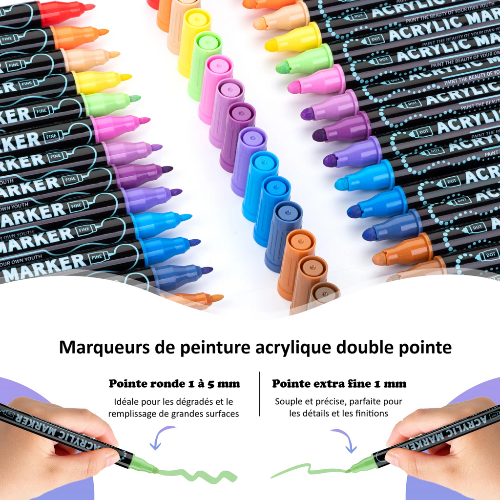 Feutres Peinture Acrylique Double Pointe – 12 à 48 Couleurs - Mains Créatrices