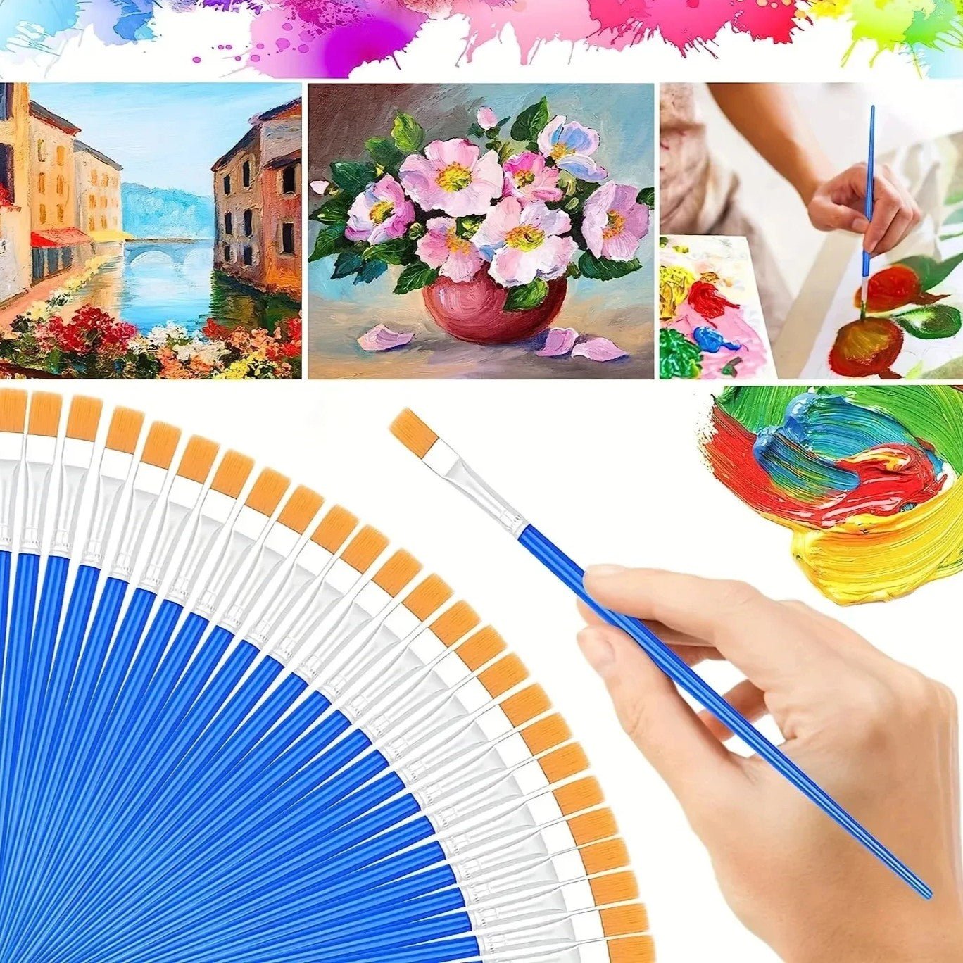 Lot de 50 pinceaux nylon pour peinture acrylique, aquarelle & huile - Mains Créatrices