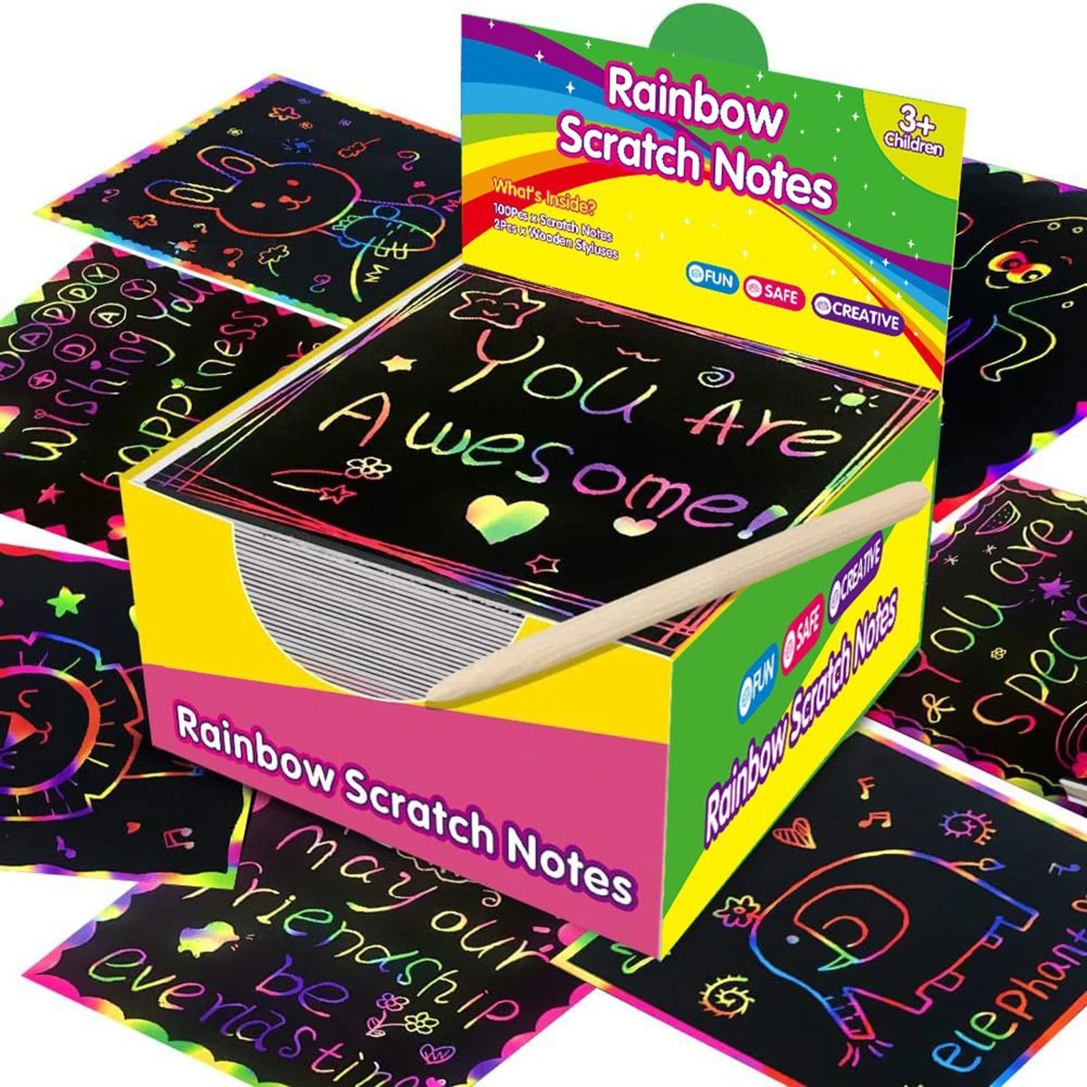 Set créatif 100 cartes à gratter arc - en - ciel + 2 stylos bambou - Mains Créatrices