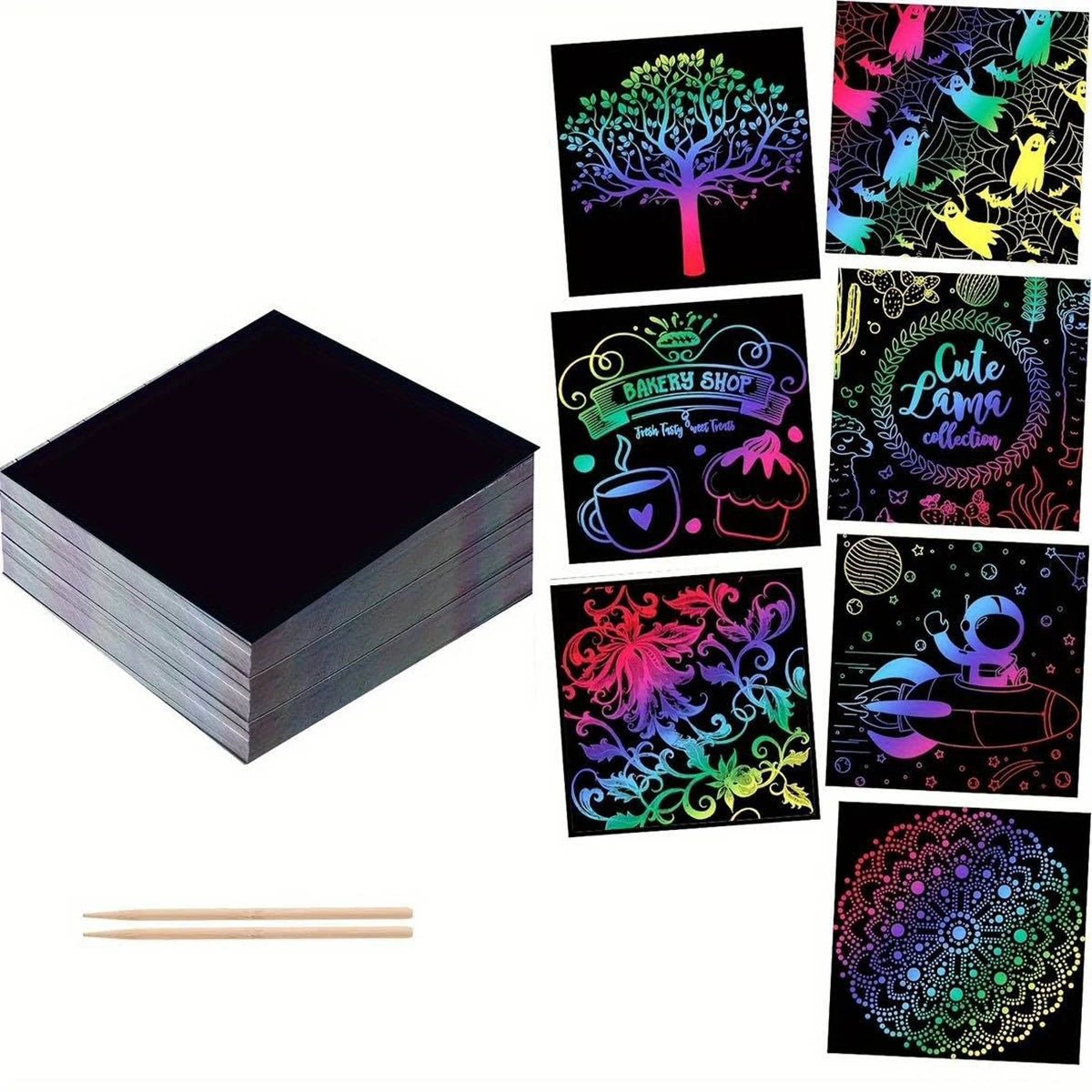 Set créatif 100 cartes à gratter arc - en - ciel + 2 stylos bambou - Mains Créatrices