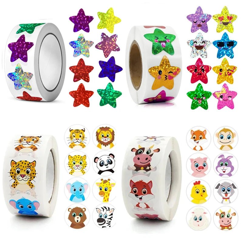 Stickers étoiles brillantes et animaux – rouleau de 500 ou 1000 pièces - Mains Créatrices