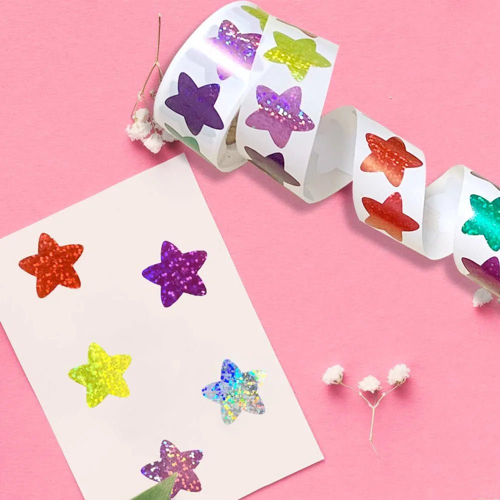 Stickers étoiles brillantes et animaux – rouleau de 500 ou 1000 pièces - Mains Créatrices